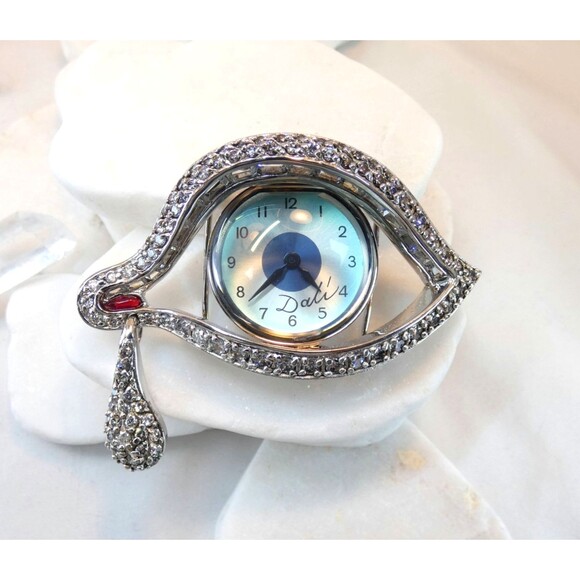 Salvador Dali Eye of Time Watch Pin Brooch Faux Diamond/Ruby RARE! New Battery - Picture 2 of 5
